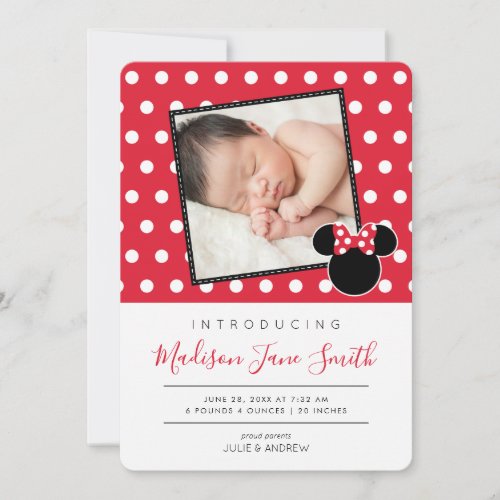 Minnie Mouse  Red and White Birth Announcement