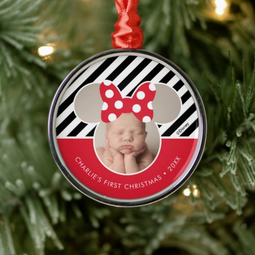 Minnie Mouse _ Red  Babys 1st Christmas _ Photo Metal Ornament