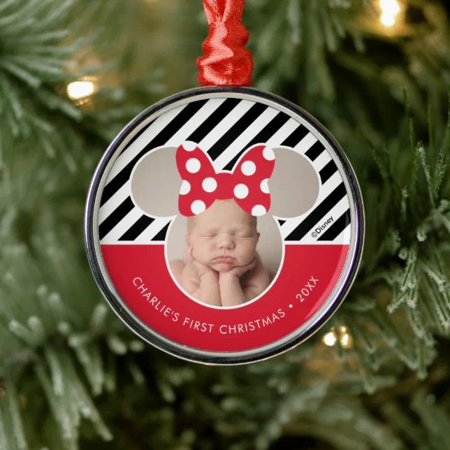 Minnie Mouse - Red | Baby's 1st Christmas - Photo Metal Ornament | Zazzle