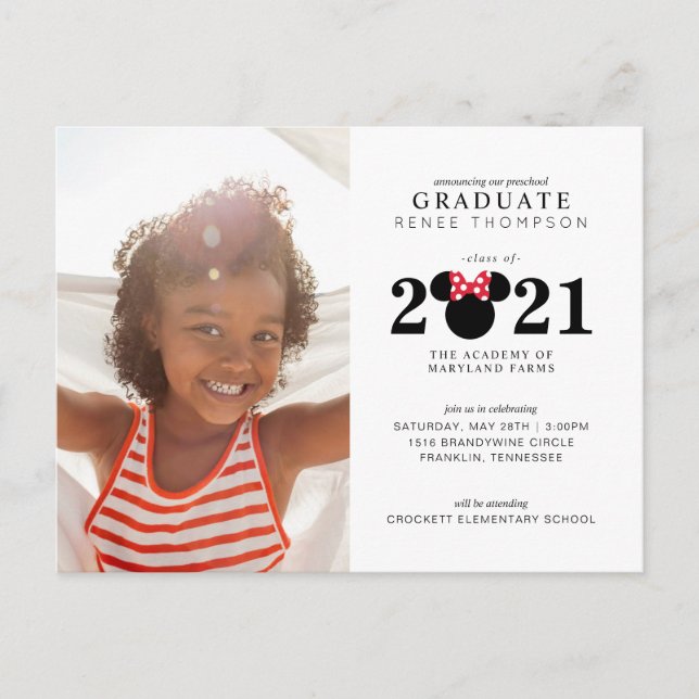 Minnie Mouse Red & Black Preschool Graduation Announcement Postcard (Front)