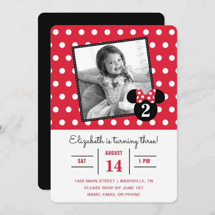 Minnie Mouse Red White Dots Photo Birthday Invitation Zazzle