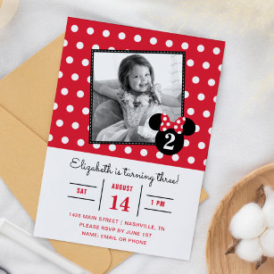 Minnie Mouse   Red & White Dots Photo Birthday Invitation