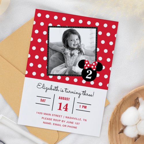 Minnie Mouse  Red  White Dots Photo Birthday Invitation