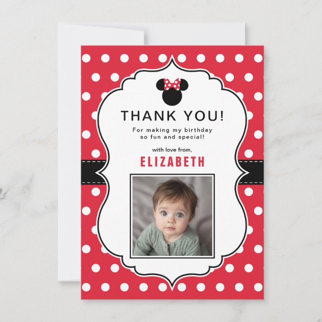 Minnie Mouse | Red & White Polka Dot Birthday Thank You Card (Front)