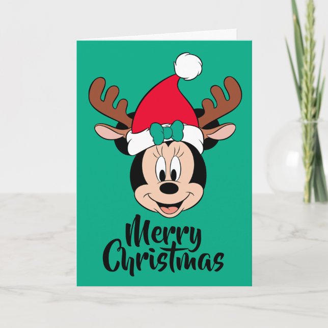 Minnie Mouse | Reindeer Ears & Santa Hat Holiday Card (Front)
