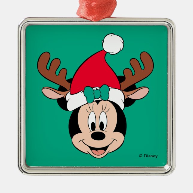 Minnie Mouse | Reindeer Ears & Santa Hat Metal Ornament (Front)