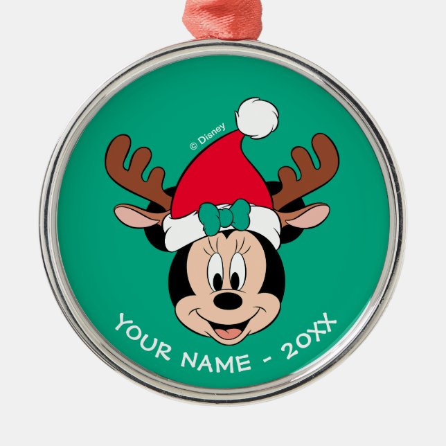 Minnie Mouse | Reindeer Ears & Santa Hat Metal Ornament (Front)