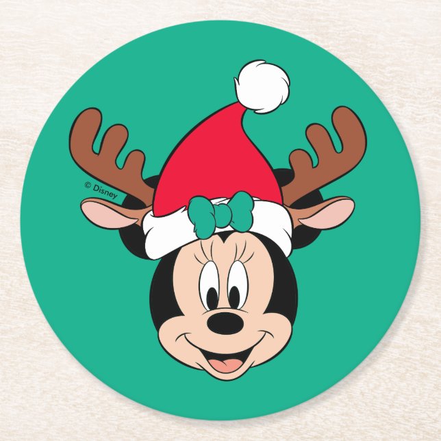 Minnie Mouse | Reindeer Ears & Santa Hat Round Paper Coaster (Front)