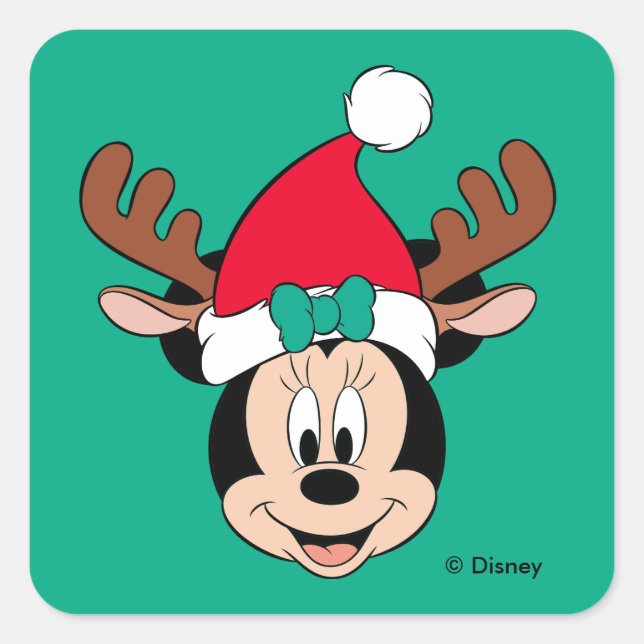 Minnie Mouse | Reindeer Ears & Santa Hat Square Sticker (Front)
