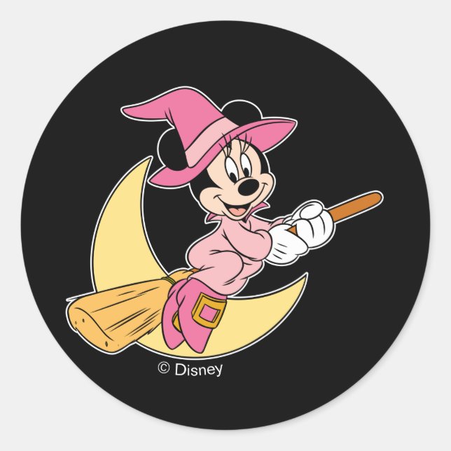 Minnie Mouse Riding Witch Broom Classic Round Sticker (Front)