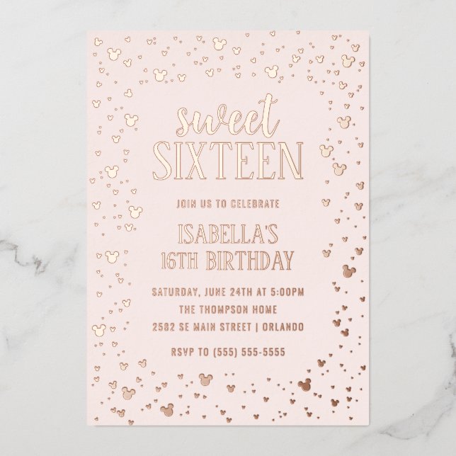 Minnie Mouse Rose Gold Sweet 16 Invitation Foil Invitation (Front)