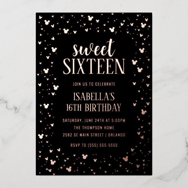 Minnie Mouse Rose Gold Sweet 16 Invitation Foil Invitation (Front)