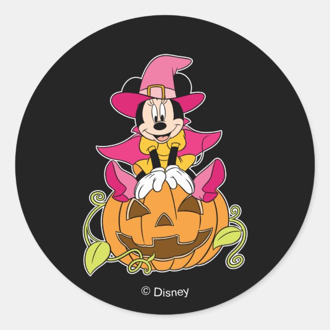 Minnie Mouse Sitting on Jack-O-Lantern Classic Round Sticker (Front)