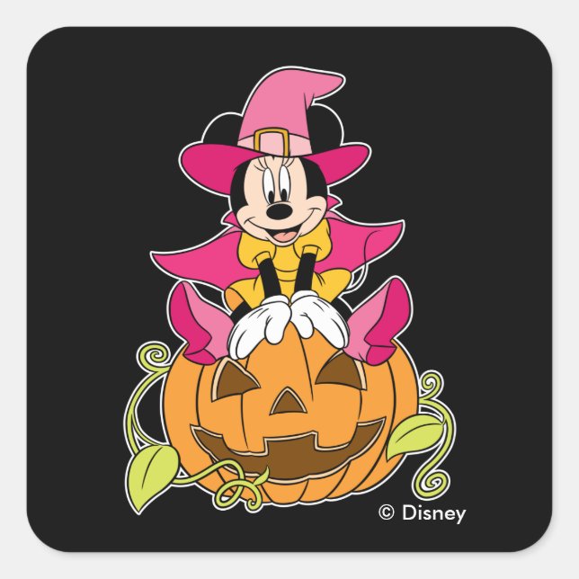 Minnie Mouse Sitting on Jack-O-Lantern Square Sticker (Front)
