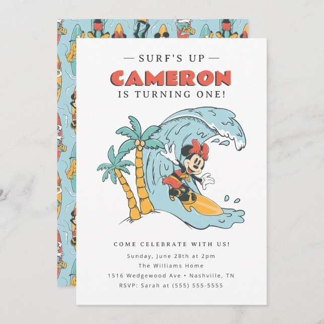 Minnie Mouse Surf's Up Summer Birthday Invitation (Front/Back)