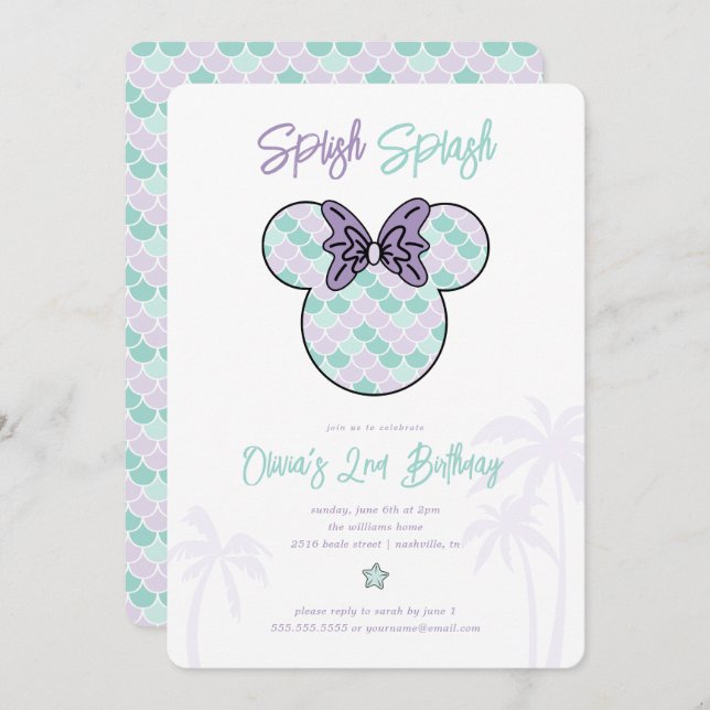 Minnie Mouse | Teal & Purple Mermaid Birthday Invitation (Front/Back)
