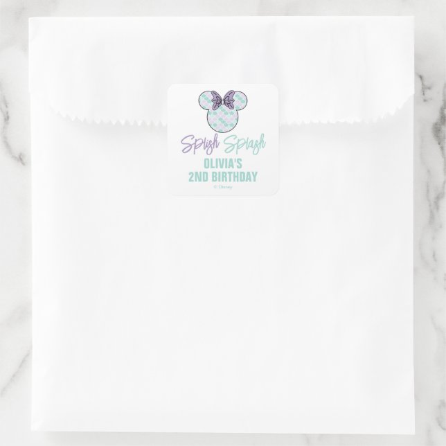 Minnie Mouse | Teal & Purple Mermaid Birthday Square Sticker (Bag)