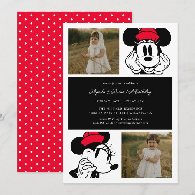 Minnie Mouse Twin Girl's Birthday Invitation (Front/Back)