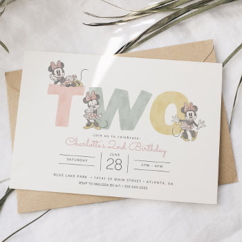 Minnie Mouse Watercolor 2nd Birthday Invitation by MickeyAndFriends at Zazzle