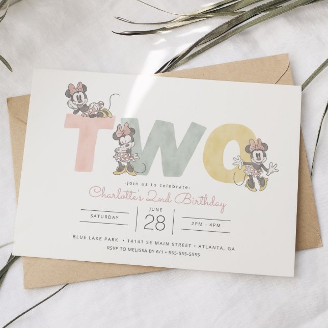 Minnie Mouse Watercolor 2nd Birthday Invitation