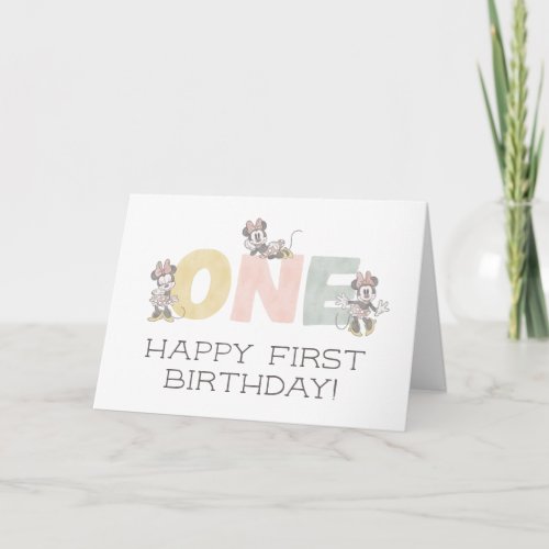 Minnie Mouse Watercolor First Birthday Card