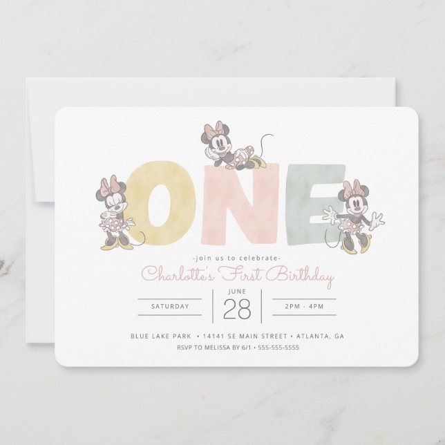 Minnie Mouse Watercolor First Birthday Invitation