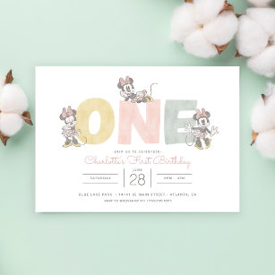 Minnie Mouse Watercolor First Birthday Invitation
