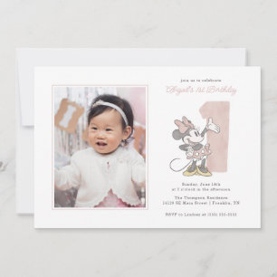 Minnie Mouse Watercolor First Birthday - Photo Invitation
