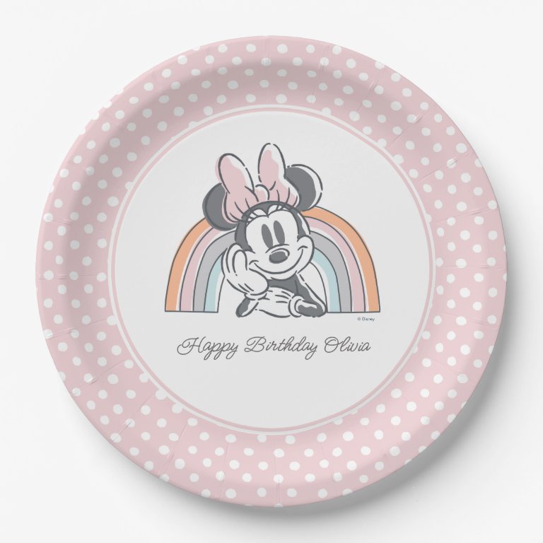 Minnie Mouse Watercolor Rainbow Birthday Paper Plates