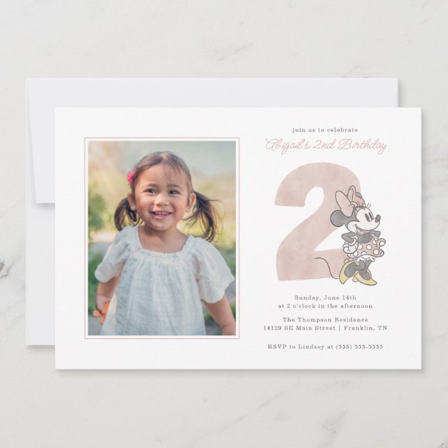 Minnie Mouse Watercolor Second Birthday - Photo Invitation (Front)