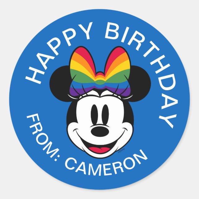 Minnie Mouse Wearing Rainbow Bow | Happy Birthday Classic Round Sticker (Front)