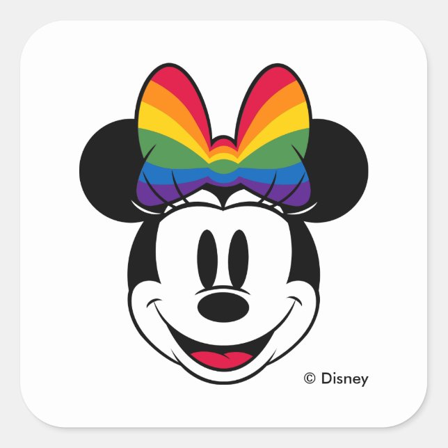 Minnie Mouse Wearing Rainbow Bow Square Sticker (Front)
