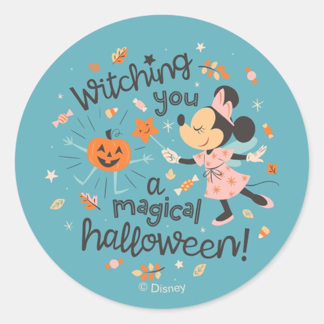 Minnie Mouse's Magical Halloween Greeting Classic Round Sticker (Front)
