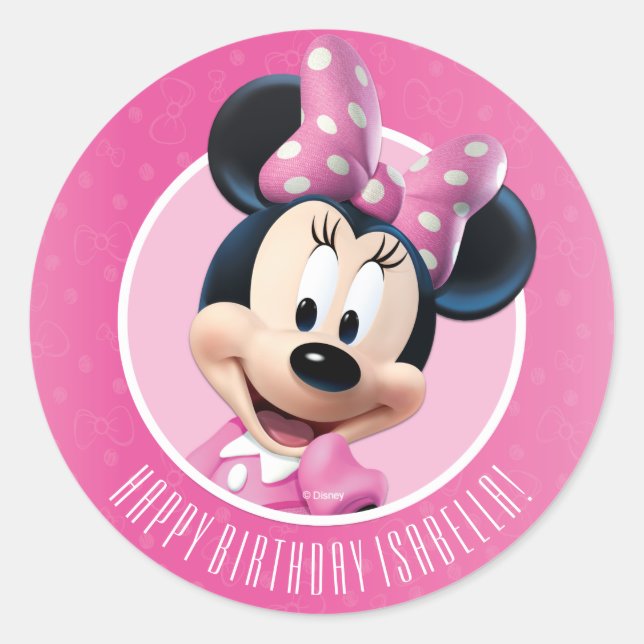 Minnie Pink and White Birthday Classic Round Sticker (Front)