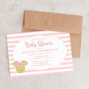 Minnie | Pink & Faux Gold Glitter Baby Shower Invitation by MickeyAndFriends at Zazzle
