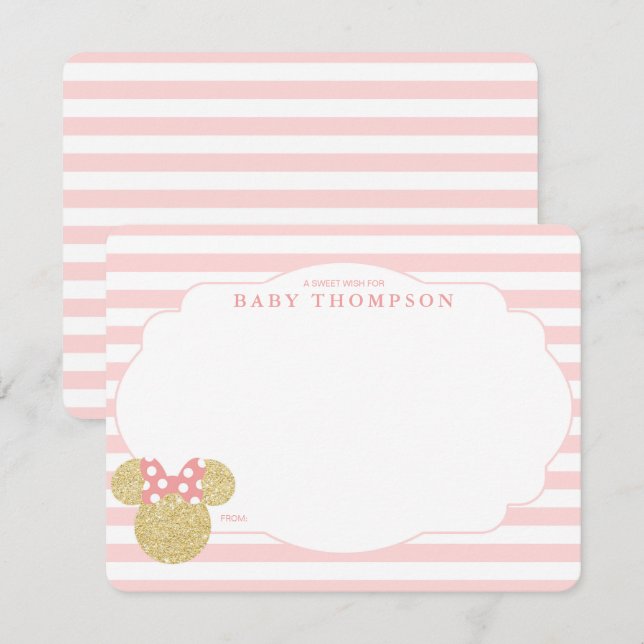 Minnie | Pink & Faux Gold Glitter Baby Shower Note Card (Front/Back)