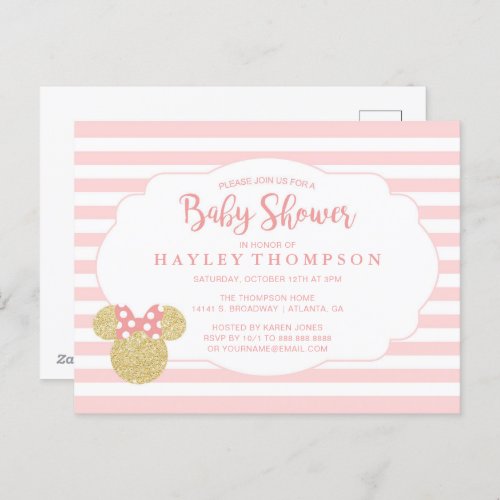 Minnie  Pink  Faux Gold Glitter Baby Shower Postcard