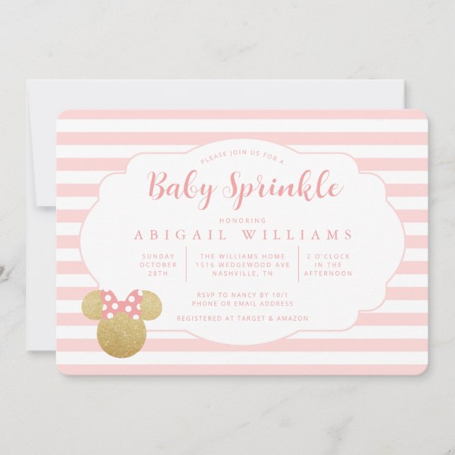Minnie | Pink & Faux Gold Glitter  Baby Sprinkle Invitation (Front)