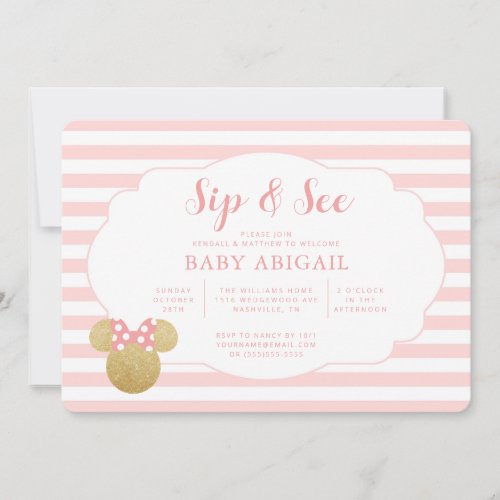 Minnie  Pink  Faux Gold Glitter Sip and See Invitation