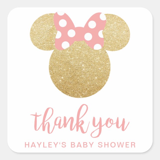 Minnie Pink & Gold Glitter Thank You Square Sticker (Front)