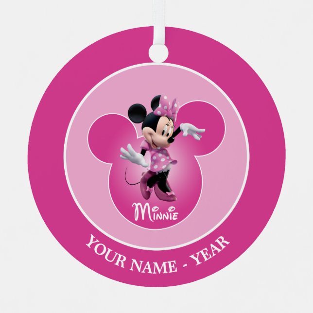 Minnie | Pink Mickey Head Icon Add Your Name Metal Ornament (Front)