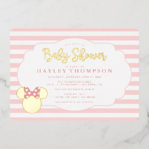 Minnie   Pink Striped Gold Foil Baby Shower  Foil Invitation