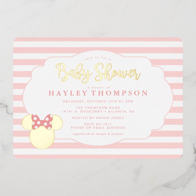 Minnie | Pink Striped Gold Foil Baby Shower  Invitation (Front)