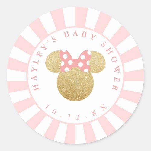 Minnie  Pink Striped Gold Glitter Baby Shower Classic Round Sticker
