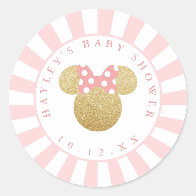 Minnie | Pink Striped Gold Glitter Baby Shower Classic Round Sticker (Front)