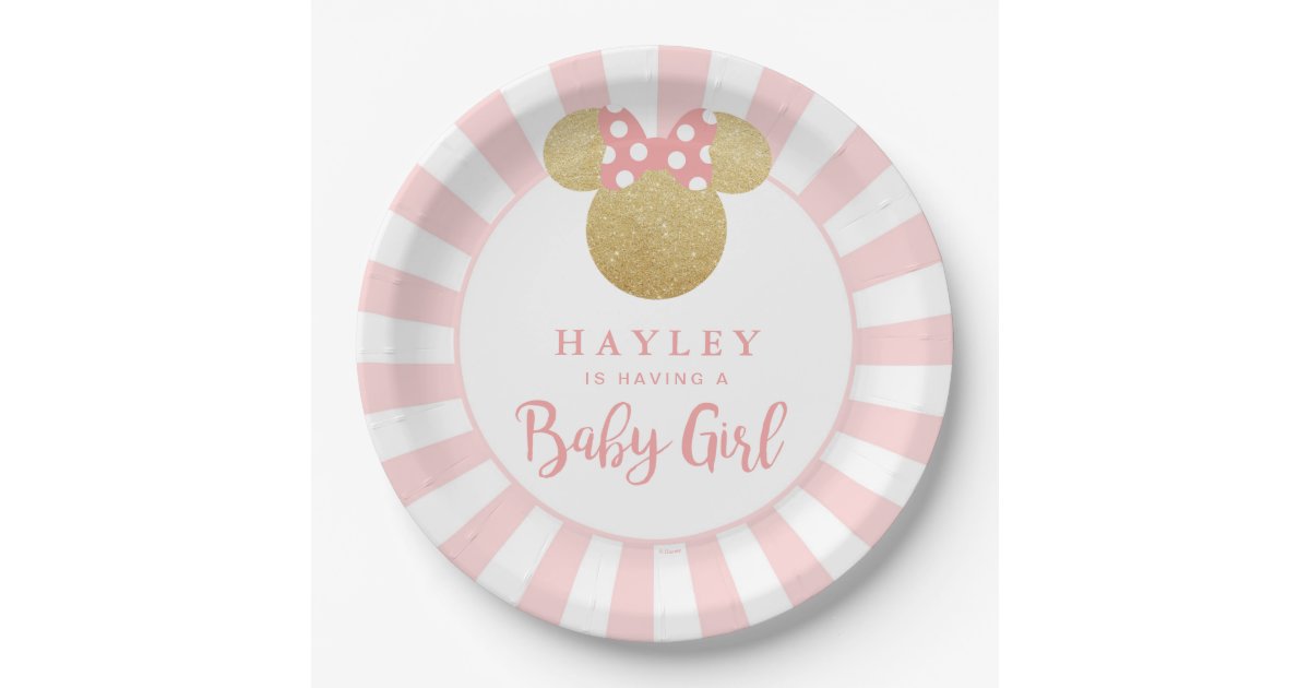 Minnie Pink Striped Gold Glitter Baby Shower Paper Plate Zazzle