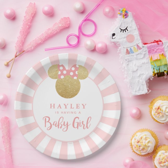 Minnie | Pink Striped Gold Glitter Baby Shower Paper Plates (Party)