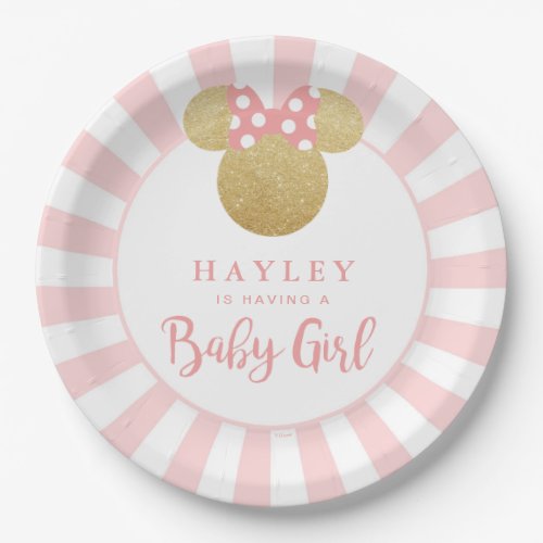 Minnie  Pink Striped Gold Glitter Baby Shower Paper Plates