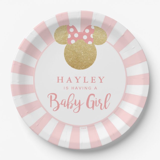 Minnie | Pink Striped Gold Glitter Baby Shower Paper Plates (Front)