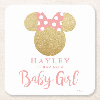 Minnie | Pink Striped Gold Glitter Baby Shower Square Paper Coaster